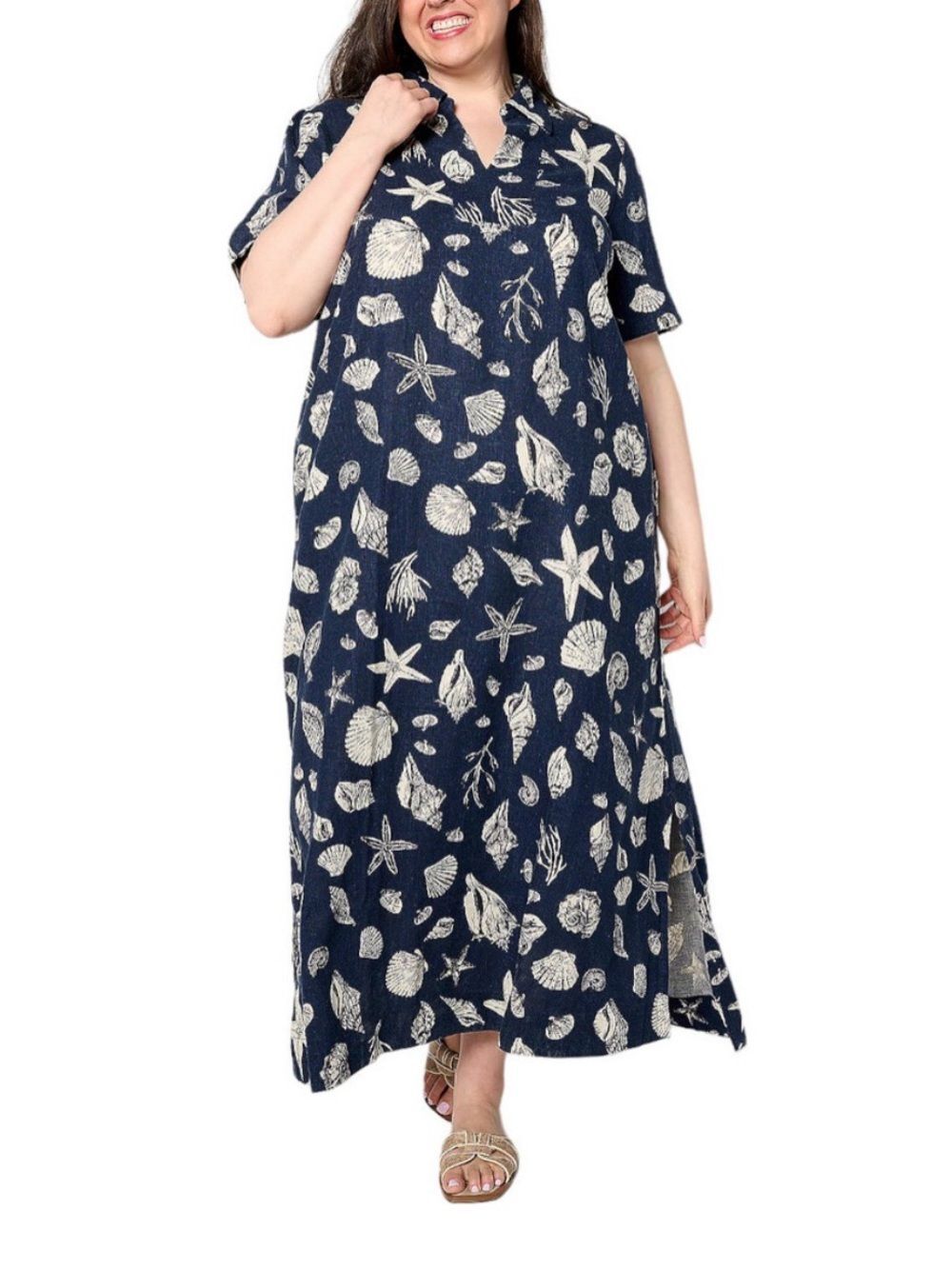 BEAUTIFUL by Lawrence Zarian Linen Blend Maxi Dress Navy Shell 2X